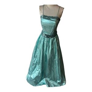 Vintage 70s 80s turquoise lame metallic turquoise sequin trimmed gown Small